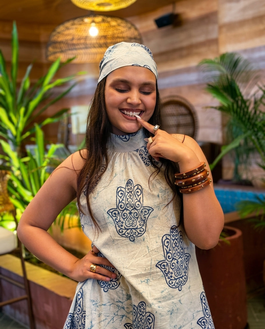 Navy hamsa hand block printed cotton mini dress for women, Ekaara